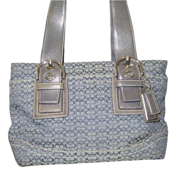 希少 COACH handbag ベロア デニム キャンバス ソーホー SOHO ❤️ Coach Soho Brass/Blue Multi Bag In Upcycled Repurposed