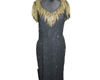Vestido vintage de seda con lentejuelas y cuentas - Black Tie, talla 10