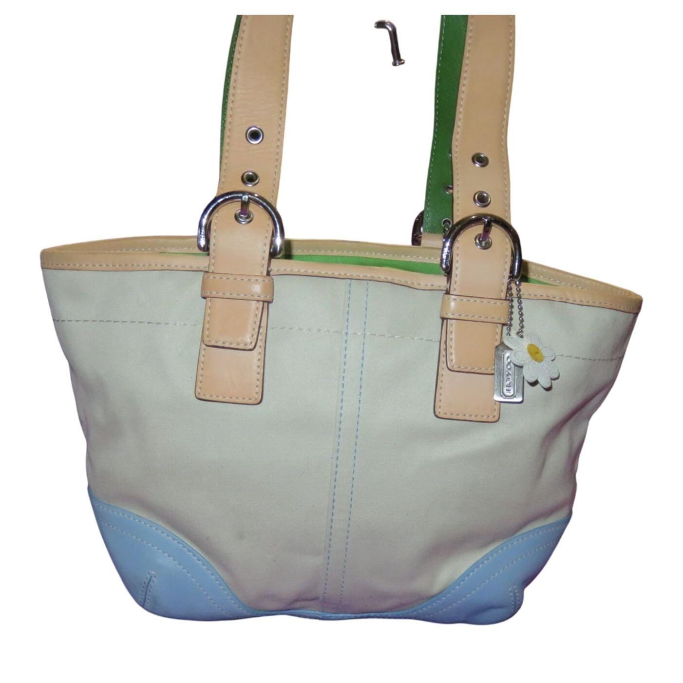 Vintage Coach Daisy Soho Tote, Y2K Cream & Blue Canvas With 