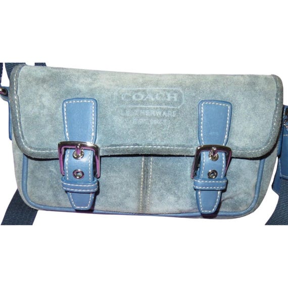 Coach 2004 Blue Suede & Leather Double Buckle Flap Closure