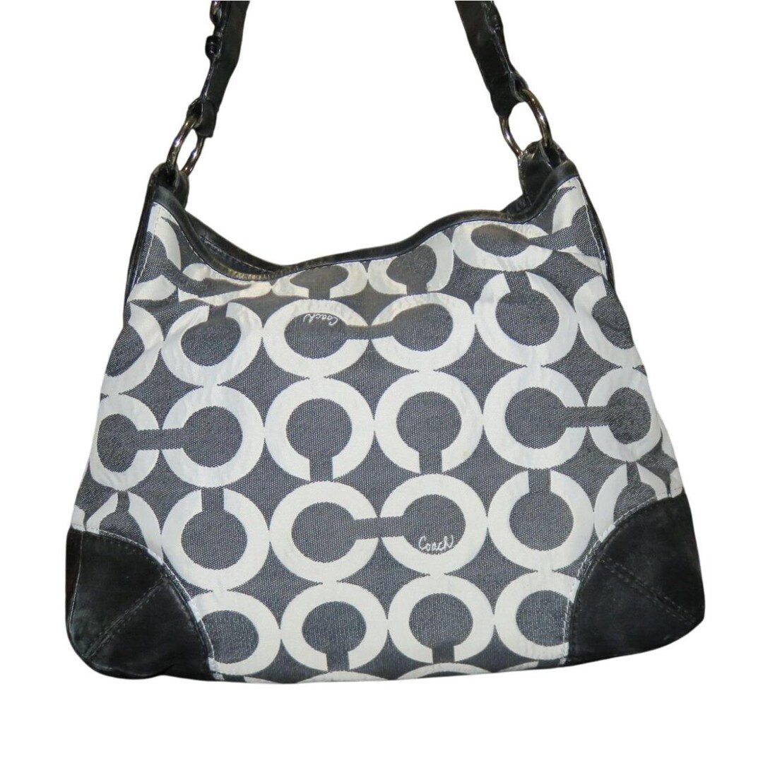 COACH Peyton 14512 Op Art Black and White Denim & Leather Hobo Bag