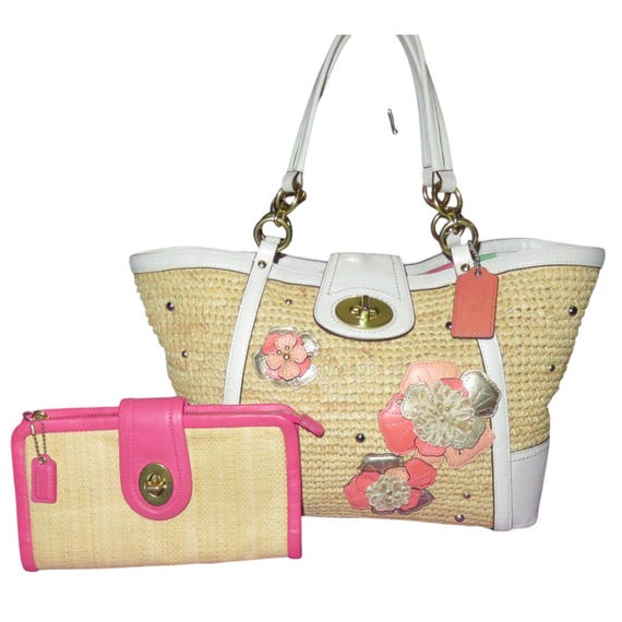 Coach Hampton Straw Floral Appliqués and Leather Trim Tote