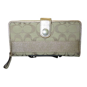 Coach Signature C Canvas Leather Glitter Zip Around & Snap Closure Long Wallet