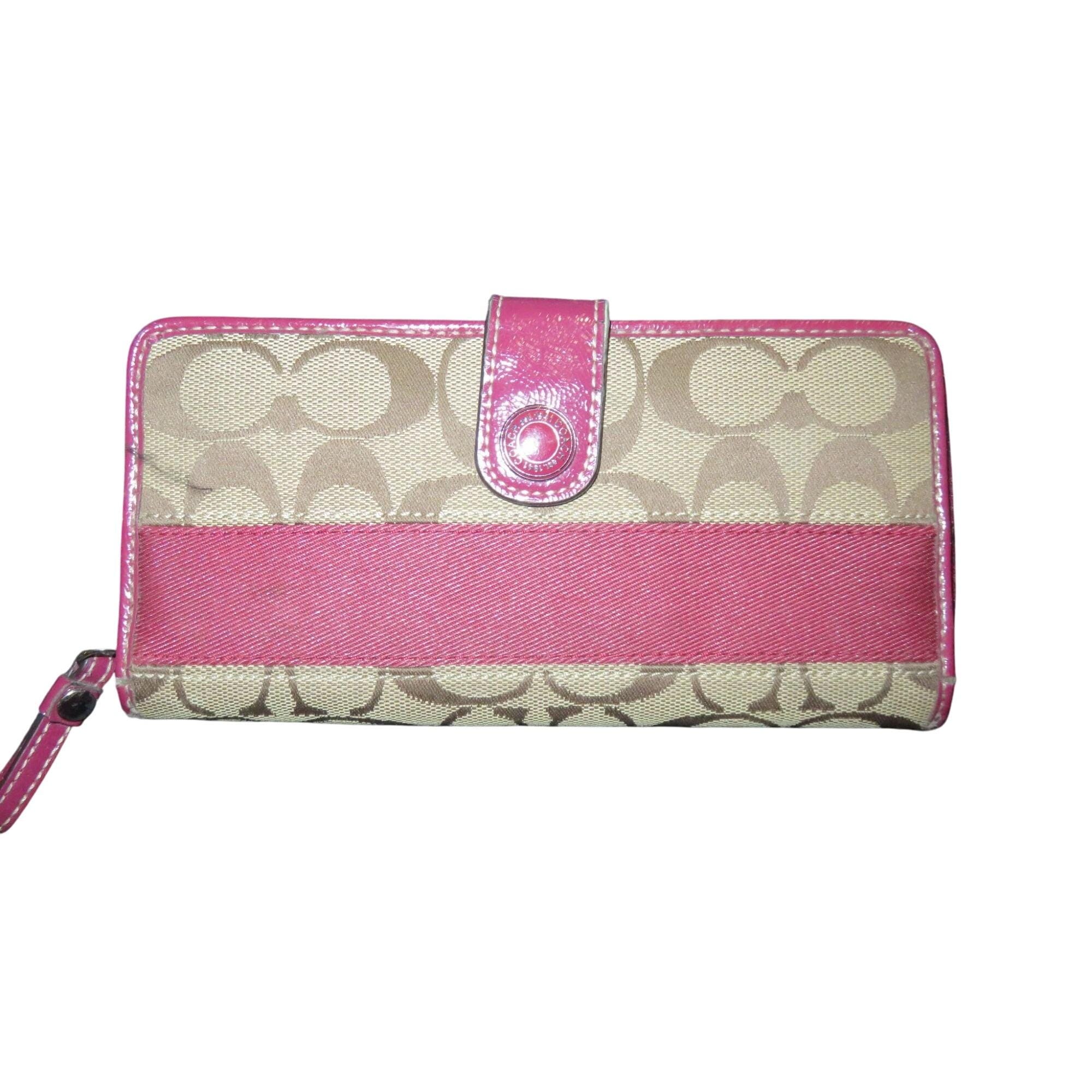 Coach Signature Logo Pink Stripe Zip Around Long Wallet With