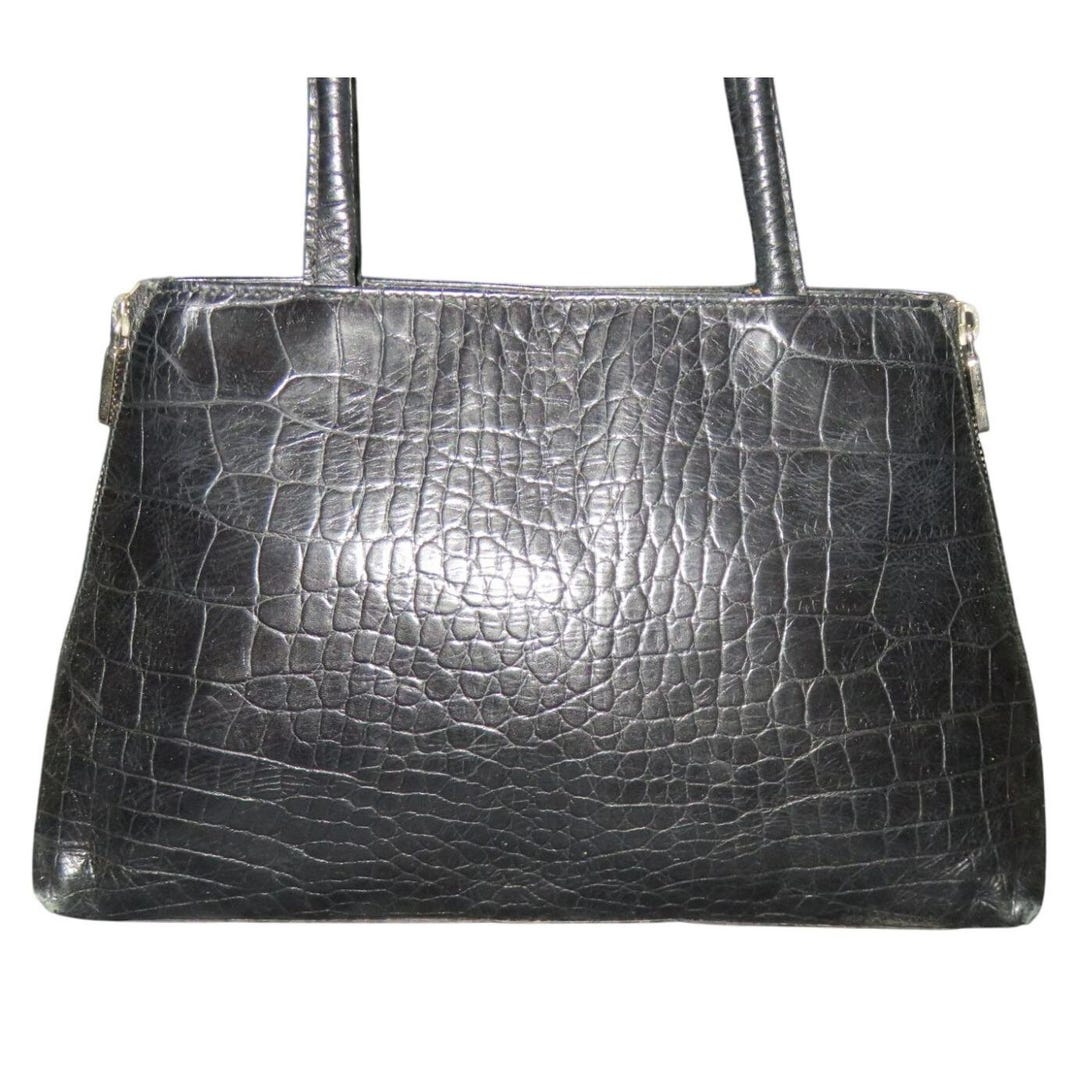 Furla Vintage Black Crocodile Embossed Italian Leather Double