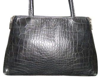 Furla Vintage black crocodile embossed Italian leather double handle bag