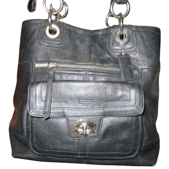 COACH Hampton 15694 Black Pebbled Leather Flap Turnlock Satchel Handbag