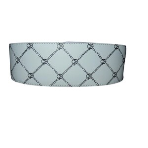 May include: A white belt with a repeating black diamond pattern. Each diamond contains the word "VALENTINO ORLANDI" in a black, stylized font. The belt is made of a smooth material and has a stitched edge.