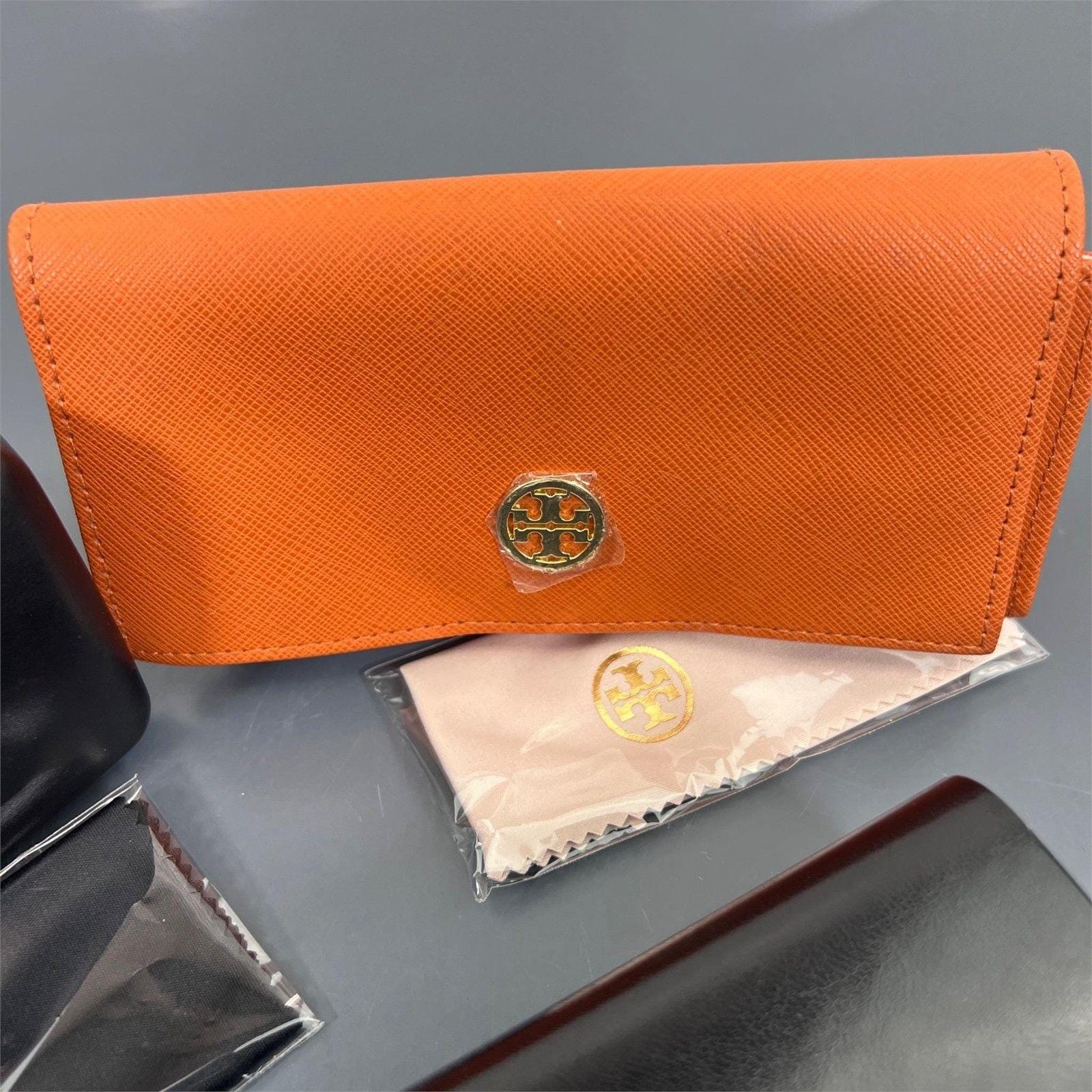 Tory Burch Logo Embossed Orange Sunglasses Eyeglasses Leather Case