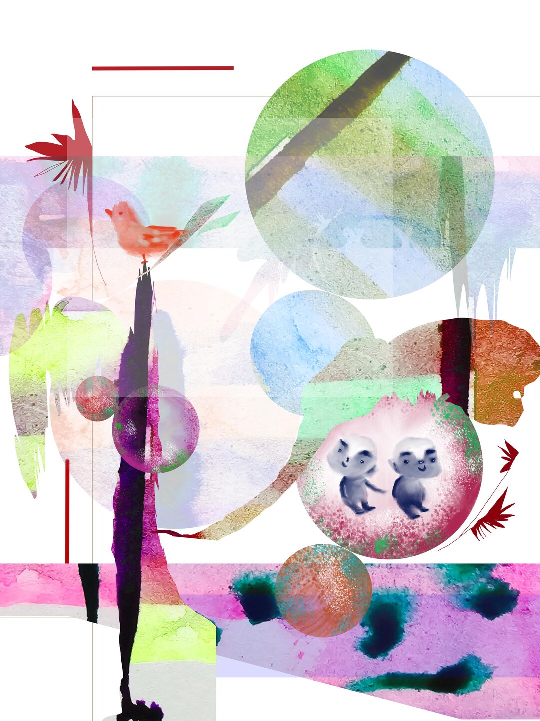 Abstract Watercolor Collage Print | Modern Boho Bird Art (digital ...