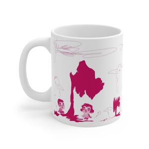 May include: White ceramic mug featuring a whimsical illustration in shades of magenta. The design includes abstract shapes, figures, and a tree-like form. The mug has a curved handle for easy gripping.