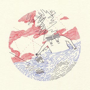 May include: An abstract illustration of a figure in blue water, enclosed in a circular frame. Red cloud-like forms and black linear elements surround the figure, creating a dynamic composition. The artwork is rendered in a minimalist style.