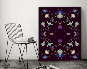 Dark Teal Purple Floral Poster | Jewel Tone Botanical Home Decor