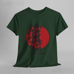 May include: A dark green t-shirt with a red circle and black bamboo design. The text "BANGLADESH" is printed below the design.