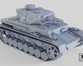 May include: A gray 3D model of a German Panzer IV tank. The tank is a military vehicle with a large gun turret and tracks.