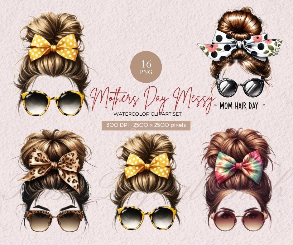 Watercolor Mother's Day Messy Bun, Cottagecore Clipart Png, Cottage Living, Mother's Day Messy Bun Bundle, Vintage Mother's Day, Messy Bun