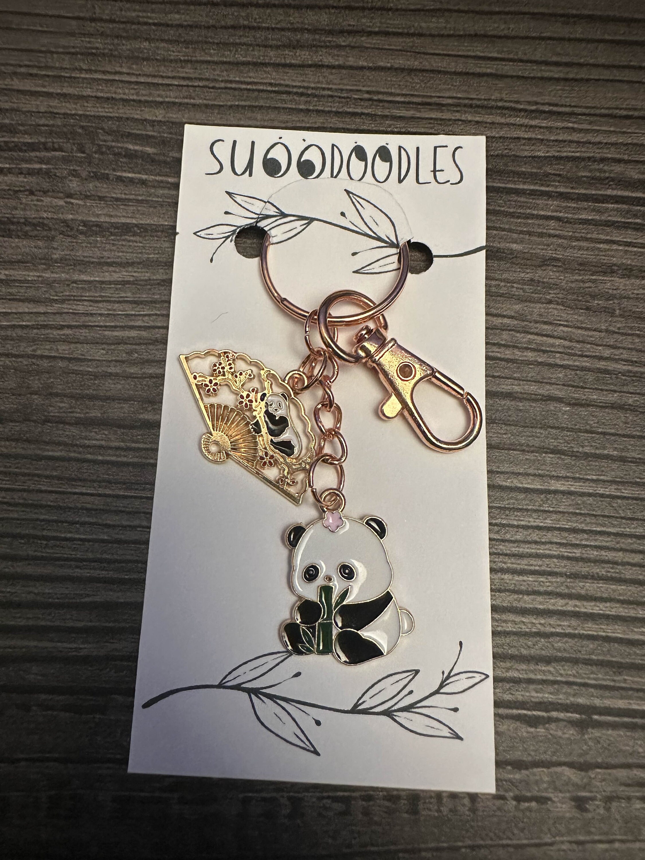 Cute Panda and Panda Fan Charm in Rose Gold Keychain Adorable Animal ...
