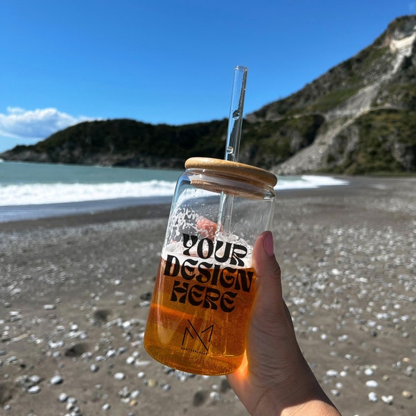 16oz Libbey Glass With Lid And Straw Mockup, 16oz Sipper Glass Mockup, Libbey Glass Mockup With Iced Tea, Glass Beer Can Mockup