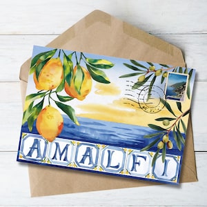 Carte postale Amalfi Png, design d'invitation d'été italien, papeterie fête méditerranéenne, impression La Dolce Vita, clipart citron aquarelle, Italie