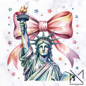 Aquarell Freiheitsstatue Png, Kokette 4. Juli Sublimation DTF, Patriotisches Amerika Png, Amerika-Druck, Girly vierter Juli, rosa Bogen-Design