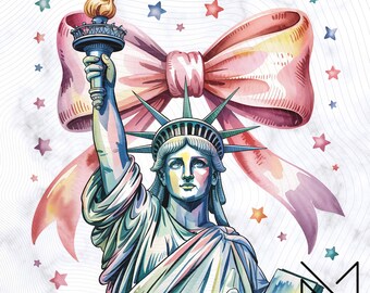 Aquarell Freiheitsstatue Png, Kokette 4. Juli Sublimation DTF, Patriotisches Amerika Png, Amerika-Druck, Girly vierter Juli, rosa Bogen-Design