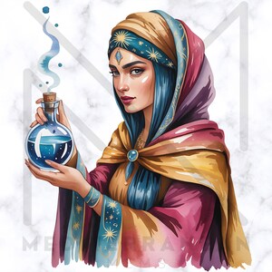 May include: Illustration of a woman with blue hair and a headscarf holding a blue potion bottle. The woman is wearing a gold, pink, and blue robe. The potion bottle has a cork stopper and a swirling blue liquid inside.