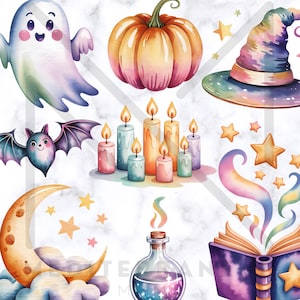 8 Mystical Halloween Clipart, Watercolor Halloween Design, Magical Fantasy Fairytale Fall Png, Witch Hat Ghost Spells Book Pumpkin Moon PNG