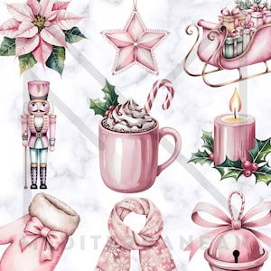 9 Pink Christmas Classics, Coquette Holiday Watercolor PNG, Girly Christmas Print, Pink Christmas Party Invitation Clipart, Xmas Paper Craft