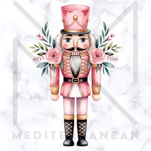 May include: A watercolor illustration of a pink nutcracker soldier with a black belt and boots. The nutcracker has a white beard and mustache, and is decorated with pink roses and green leaves. The background is a marble pattern.
