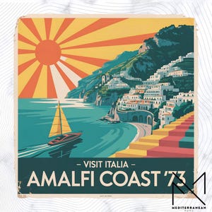 Selo da Costa Amalfitana PNG, Impressão de Sublimação Vintage de Verão Italiano, Barcos de Férias na Itália PNG, Costa Amalfitana PNG, Vida Marinha, La Dolce Vita DTF