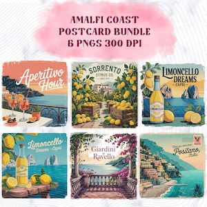Pacote de cartões postais da Costa Amalfitana com 6 PNGs, Selo italiano vintage, Aperitivo de férias na Itália em PNG, Ravello, Positano, Sorrento, La Dolce Vita DTF