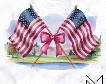 Watercolor American Flags Png, Coquette 4th July Sublimation DTF, Patriotic America Png, America Print, Girly Fourth July, Pink Bow Design