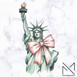 Kokette Aquarell Freiheitsstatue Png, 4. Juli Sublimation DTF, Vaterländisches Amerika Png, Amerika Druck, Girly vierter Juli, rosa Schleife Preppy