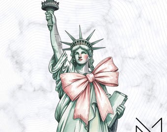 Coquette Watercolor Statue of Liberty Png, 4th July Sublimation DTF, Patriotic America Png, America Print, Girly Fourth July,Pink Bow Preppy