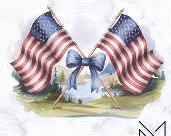 American Flags Watercolor Png, Coquette 4th July Sublimation DTF, Patriotic America Png, America Print, Girly Fourth July, Blue Bow Design