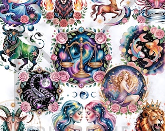 12 Zodiac Signs Clipart, Birthday Symbols, Colorful Astrology PNG Bundle, Watercolor Bright Mystical Zodiac Design, Celestial Horoscope Icon
