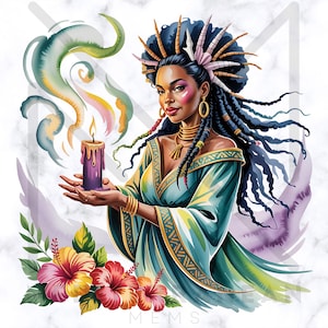 May include: An illustration of a woman with dark skin, wearing a teal and gold dress, holding a lit purple candle. She has long black braids, gold jewelry, and a decorative headpiece. Colorful flowers and swirling smoke-like shapes surround her.