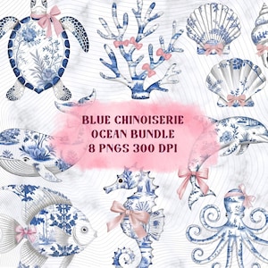May include: A collection of blue and white Chinoiserie ocean-themed illustrations. The set includes a turtle, coral, seashells, a whale, a dolphin, a fish, a seahorse, and an octopus, all adorned with pink bows. The text reads "Blue Chinoiserie Ocean Bundle 8 PNGs 300 DPI."