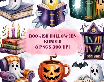 8 Bookish Halloween Clipart, Cutesy Halloween Design, Reading Book Lover Halloween PNG, Ghost, Spooky Library, Haunted Books, Book Of Spells