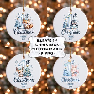 9 Baby&#39;s 1st Christmas PNG, Cute Baby&#39;s First Christmas Design, Blue Baby Xmas, Customizable Ornament, Watercolor Coquette Animal Clipart