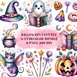 8 Halloween Fantasy Clipart, Watercolor Halloween Design, Magical Mystical Fairytale Fall Png, Witch Hat Ghost Spells Book Pumpkin Candy Cat