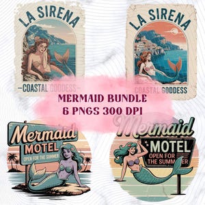 Pacote de Sereia com 4 PNGs, Estampa da Deusa Costeira Italiana La Sirena, Férias na Praia PNG, Design de Motel Sereia, Vida Marinha, Costa Amalfitana, Oceano
