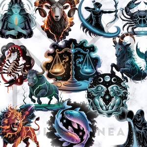 12 Etherial Zodiac Signs Clipart, Birthday Symbol, Glowing Astrology PNG Bundle, Dark Goth Mystical Zodiac Design, Celestial Horoscope Icon