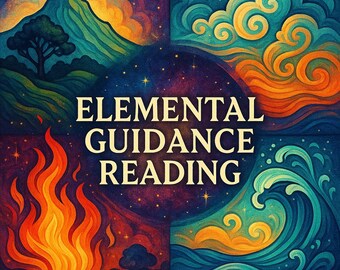 May include: A colorful illustration of the four elements: earth, air, fire, and water. The image features a mountain, clouds, flames, and waves. The text "Elemental Guidance Reading" is in the center of the image.