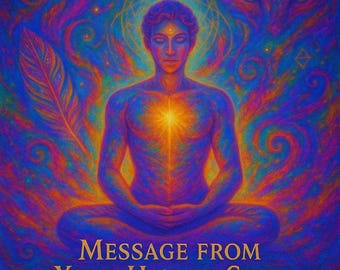 May include: A colorful, abstract image of a person meditating with a bright light emanating from their chest. The background is filled with swirling colors and patterns, including a feather and a stylized eye. The text "MESSAGE FROM YOUR HIGHER SELF" is displayed at the bottom of the image.