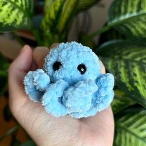 May include: A small, light blue crocheted octopus with black eyes. The octopus is made of yarn and has a fluffy texture.