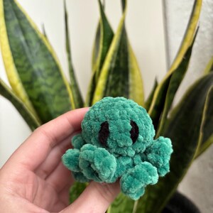 May include: A small green crocheted octopus with black eyes. The octopus is being held in a hand.