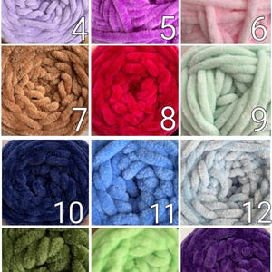 May include: A selection of eighteen balls of chunky yarn in a variety of colours. The colours include yellow, orange, red, lavender, purple, pink, brown, dark red, mint green, navy blue, light blue, olive green, lime green, dark purple, beige, and cream.