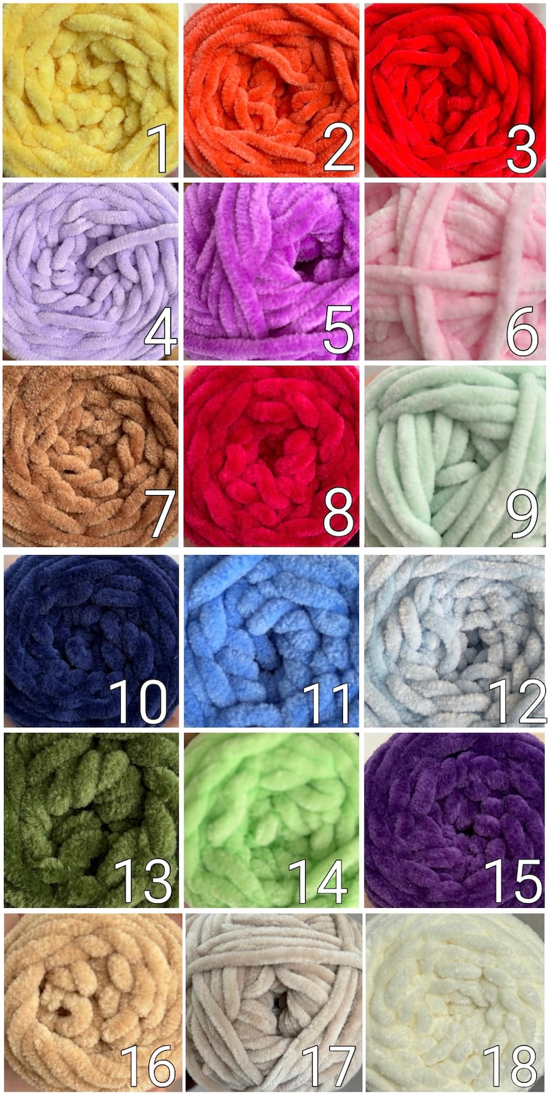May include: A selection of eighteen balls of chunky yarn in a variety of colours. The colours include yellow, orange, red, lavender, purple, pink, brown, dark red, mint green, navy blue, light blue, olive green, lime green, dark purple, beige, and cream.