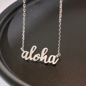 Handwritten Aloha Cursive Letter Necklace, Aloha Small Cursive Letter Necklace, Aloha Print Small Letter Necklace Hawaii Gift Aloha Necklace